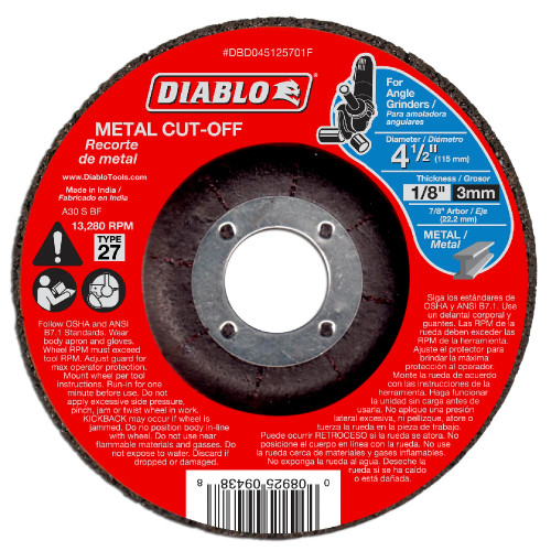 Diablo CDD045125701F 4-1/2in x 1/4in x 7/8in Type-27 Cut Off Disc for Metal