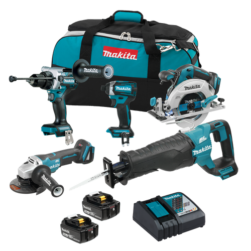 Makita DLX5077TX1 18V LXT 5-Tool Cordless Recip Saw / 1/2in. Hammer Drill/Driver / 1/4in. Impact Driver / 6-1/2in. Circular Saw / 5in. Angler Grinder Combo Kit
