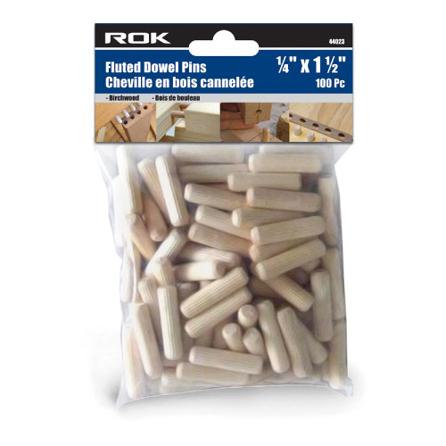 ROK 44023 1/4 inch Fluted Birchwood Dowel Pins - 100pk