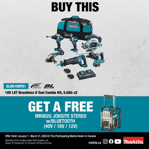 Makita DLX6109TX1 18V LXT 6-Tool Cordless Reciprocating Saw / 5in Angle Grinder / 1/2in Hammer Drill/Driver / 1/4in Impact Driver / 6-1/2in Circular Saw / 15/16in Rotary Hammer Combo Kit