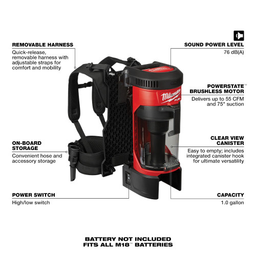Milwaukee 0885-20 M18 FUEL 3-in-1 Backpack Vacuum with accessories (battery not included)
