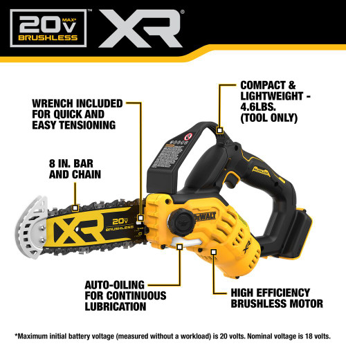 DeWalt DCCS623QQ1 20V MAX XR 8 inch Cordless Brushless Pruning Chainsaw Kit