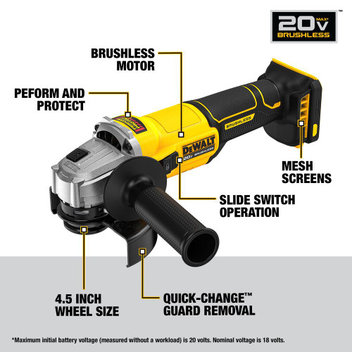 DeWalt DCG407B 20V MAX Cordless Brushless 4-1/2 inch Slide-Switch Angle Grinder (Tool Only)