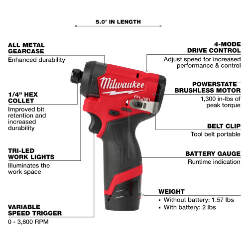 Milwaukee 3453-21 M12 FUEL Cordless Brushless 1/4 inch Hex Impact Driver Kit