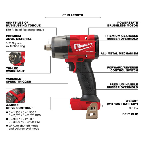 Milwaukee 2962-20 M18 FUEL 12 Mid-Torque Impact Wrench with Friction Ring (Tool Only)