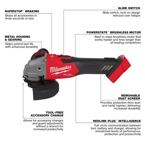 Milwaukee 2881-20 M18 FUEL 4-1/2 inch / 5 inch Angle Grinder with Slide Switch (Tool Only)