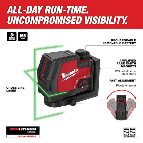 Milwaukee 3521-21 Green Cross-Line Laser Level Kit with USB Rechargeable Battery