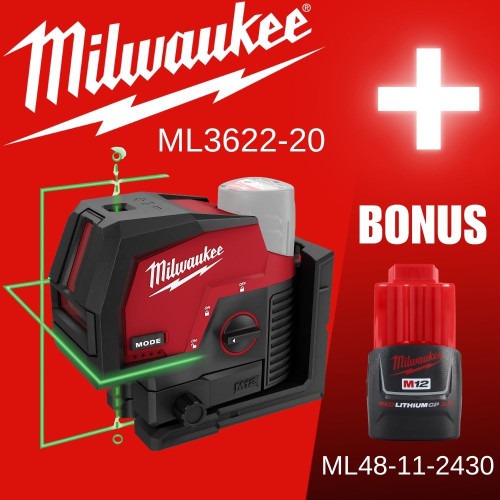 3622-20 M12 Green Cross-Line and Plumb Points Laser Level (Tool Only)