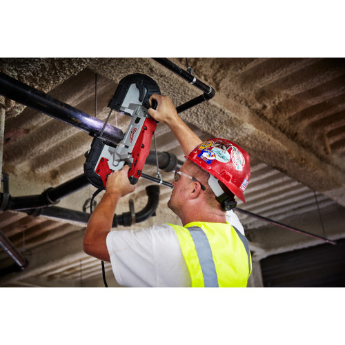 Milwaukee 6232-21 Deep Cut Variable Speed Band Saw cutting overhead