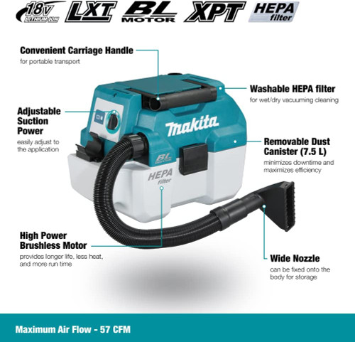 Makita DVC750LZ 18V 7.5L Portable Wet/Dry Vacuum Cleaner (Tool Only)
