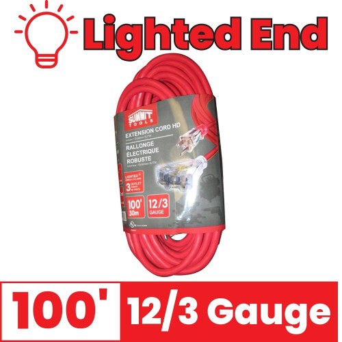 Summit ST80110 100 foot 12/3 Gauge All-Weather Tri Tap Extension Cord with Lighted End