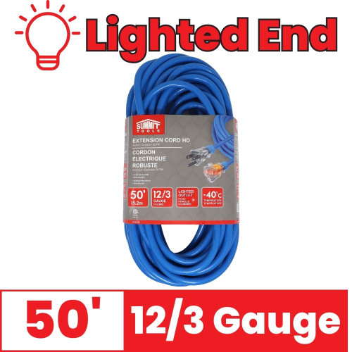 Summit ST80106 50 foot 12/3 Gauge All-Weather Blue Extension Cord with Lighted End
