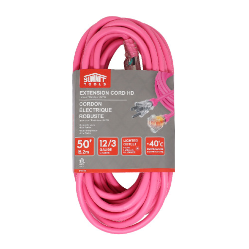 Summit ST80108 50 foot 12/3 Gauge All-Weather Pink Extension Cord with Lighted End