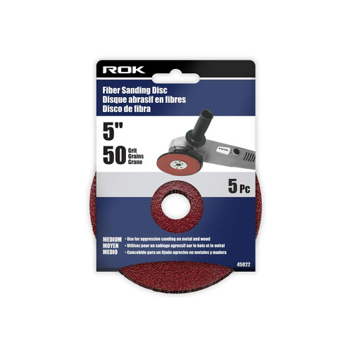 ROK 45022 5-inch 50 Grit Fibre Sanding Discs - 5pk