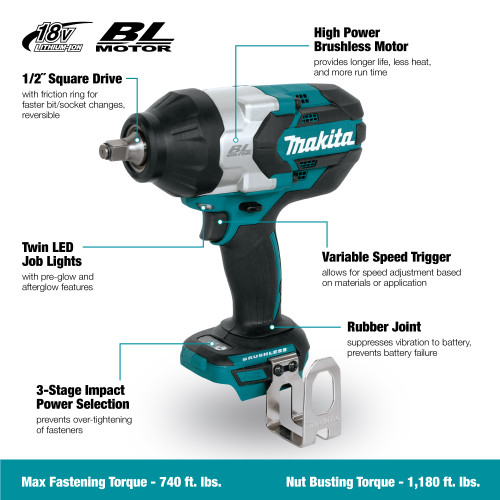 Makita DTW1002Z 18V Cordless High Torque 1/2 Inch Impact Wrench with Brushless Motor (Tool Only)