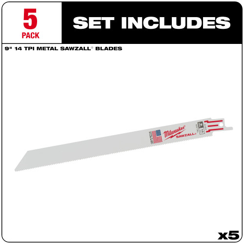 Milwaukee 48-00-5187 SAWZALL 9 inch 14 TPI Metal Cutting Blades - 5pk