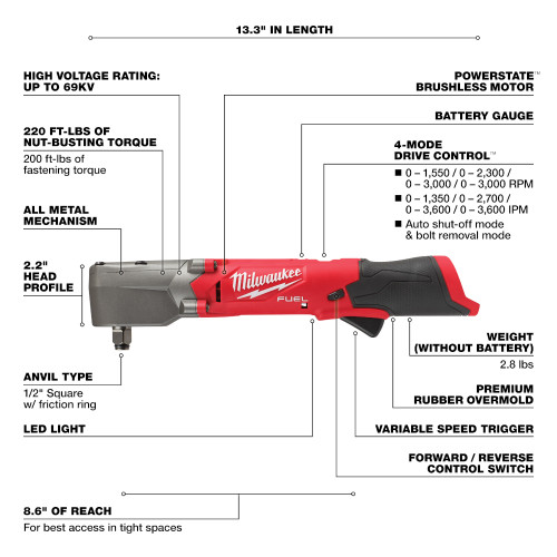 Milwaukee 2565-20 M12 FUEL 1/2 inch Right Angle Impact Wrench with Friction Ring (Tool Only)