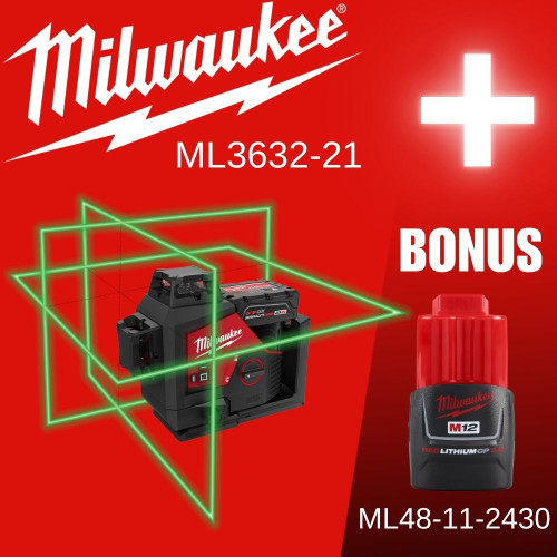 Milwaukee 3632-21 M12 Green 360 Degree  3-Plane Laser Kit