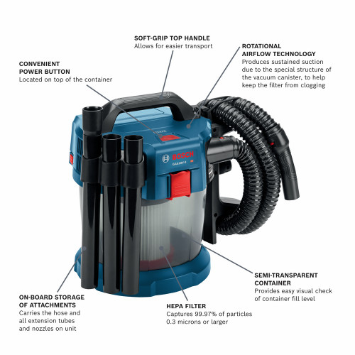 Bosch GAS18V-3N 18V 2.6-Gallon Wet/Dry Vacuum Cleaner with HEPA Filter (Tool Only)
