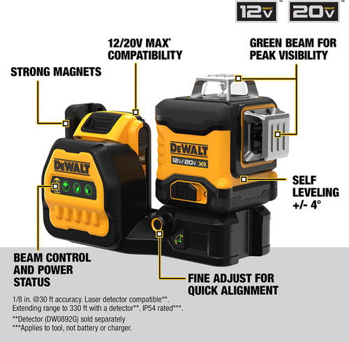 DeWalt DCLE34030GB 20V MAX 3x360 degrees Cordless Green Cross Line Laser Level (Tool Only)