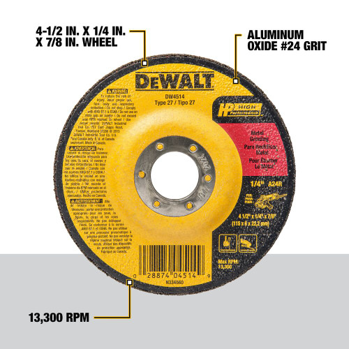 DeWalt DW4514 4-1/2 Inch x 1/4 Inch x 7/8 Inch Type 27 HP Metal Grinding Wheel