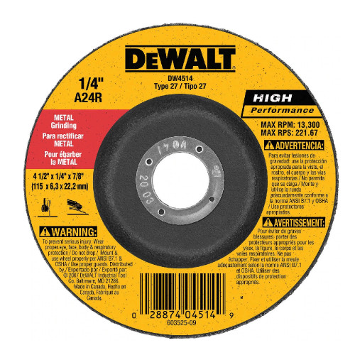 DeWalt DW4514 4-1/2 Inch x 1/4 Inch x 7/8 Inch Type 27 HP Metal Grinding Wheel