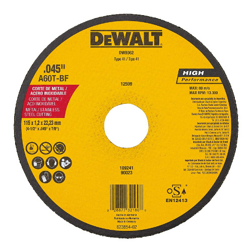 DeWalt DW8062 4-1/2 Inch x .045 Inch x 7/8 Inch Type 42 HP Metal / Stainless Steel Cutting Cut-Off Wheel