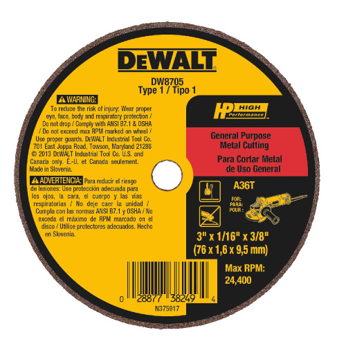 DeWalt DW8705 3 Inch x 1/16 Inch x 3/8 Inch Type 1 HP Metal Cutting Cut-Off Wheel