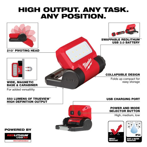 Milwaukee 2114-21 USB ROVER Rechargeable Pivoting 550 Lumen Flood Light