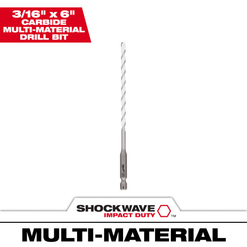 Milwaukee 48-20-8884 SHOCKWAVE 3/16 Inch x 6 Inch Carbide Multi-Material Drill Bit
