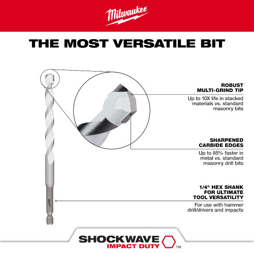 Milwaukee 48-20-8886 SHOCKWAVE 1/4 Inch x 6 Inch Carbide Multi-Material Drill Bit