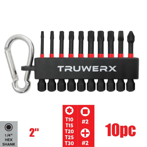 Truwerx 51004 10pc 2 Inch Impact Driver Bit Mixed (TORX, SQ, PH) Set with Carabiner