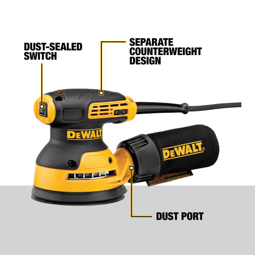 DeWalt DWE6423K 5 inch Variable Speed Random Orbit Sander Kit showing features