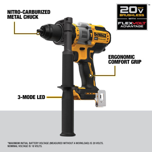 DeWalt DCD999B FLEXVOLT 20V MAX 1/2 INCH Brushless Cordless Hammer Drill/Driver (Tool Only) showing features of the drill