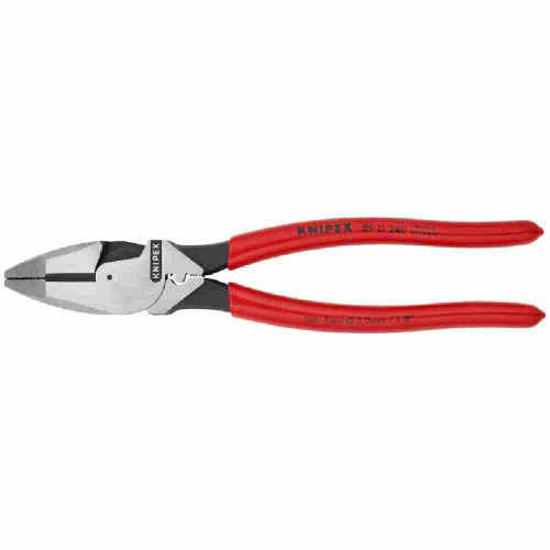 Knipex 9-1/2 inch Ultra High Leverage Lineman foots Pliers with Crimper looking straight on at the pliers