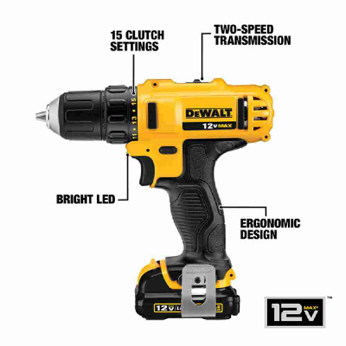 DeWalt DCD710S2 12V MAX Cordless 3/8 inch Drill/Driver Kit showing features of the drill