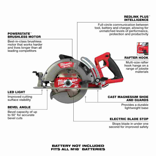 Milwaukee 2830-20 M18 FUEL Cordless 7-1/4 inch Rear Handle Circular Saw (Tool Only) showing features of the saw