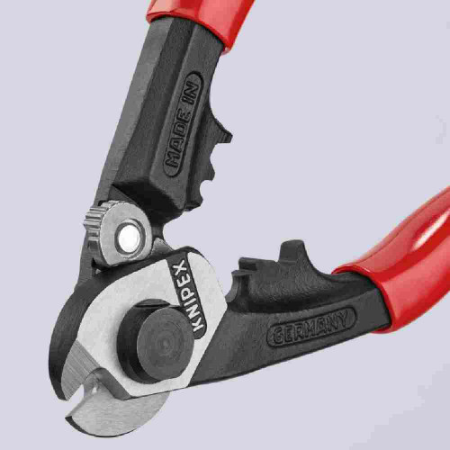 Knipex 9561190SBA 7-1/2 inch Wire Rope Shears showing with open jaws showing cutting and crimping edges