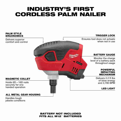 Milwaukee 2458-20 M12 Cordless Palm Nailer (Tool Only) showing features of the nailer