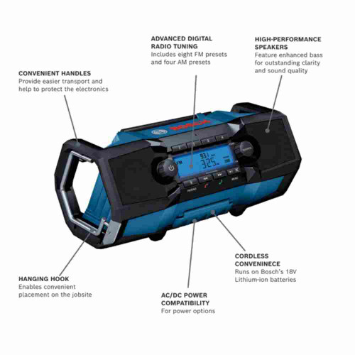 Bosch GPB18V-2CN 18V Cordless Compact Jobsite Radio (Tool Only) showing features