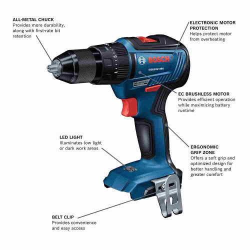 Bosch GSB18V-490N 18V EC Cordless Brushless 1/2 inch Hammer Drill/Driver (Tool Only) showing features