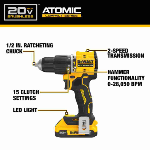 DeWalt DCD799D1 ATOMIC COMPACT 20V MAX Cordless Brushless 1/2 inch Hammer Drill Kit showing features of the hammer drill