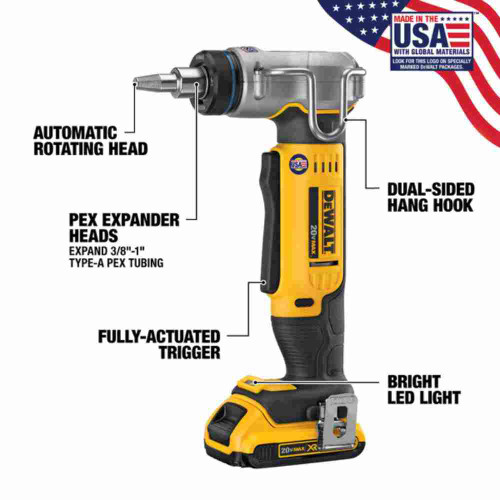 DeWalt DCE400D2 20V MAX Cordless 1 inch Pex Expander Tool Kit showing features of the expander