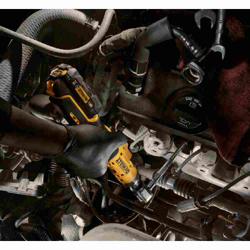 DeWalt DCF503B XTREME 12V MAX Cordless Brushless 3/8 inch Ratchet (Tool Only) showing in use working under the hood of a vehicle (Socket and battery sold separately)
