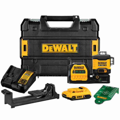 DeWalt DCLE34030G 20V MAX XR 230 feet 3 x 360 degree Green Laser (Tool Only) showing inclusions of the kit