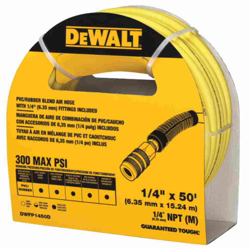 DeWalt DWFP1450D 1/4 inch x 50 feet Premium Hybrid Polymer Blend Air Hose showing in packaging