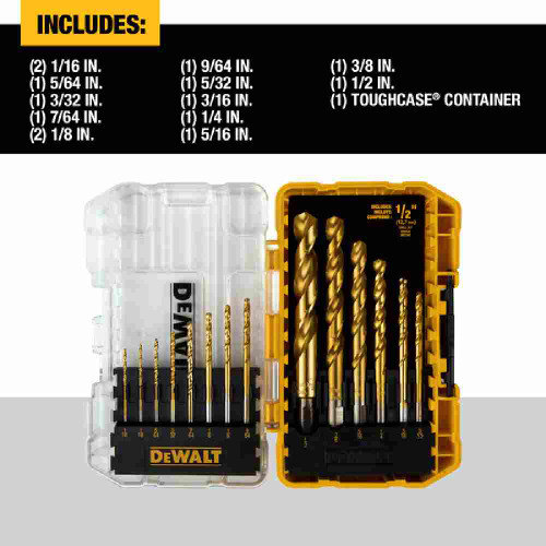 DeWalt DW1341 14pc Speed Tip Titanium Nitride Coated Drill Bit Set showing inclusions of the set