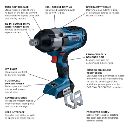 Bosch GDS18V-770CN PROFACTOR 18V Cordless 3/4 inch Impact Wrench with Friction Ring and Thru-Hole (Tool Only) showing features of the impact wrench