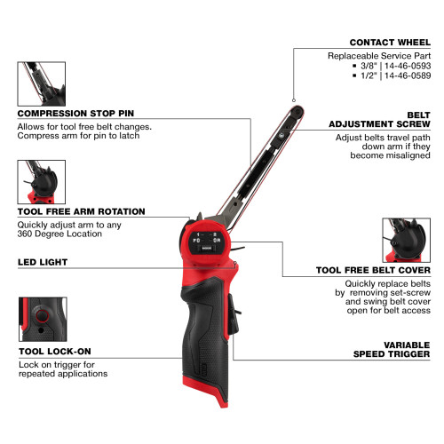 Milwaukee 2482-20 M12 FUEL Cordless Brushless 1/2 inch x 18 inch Bandfile (Tool Only) showing features of the sander