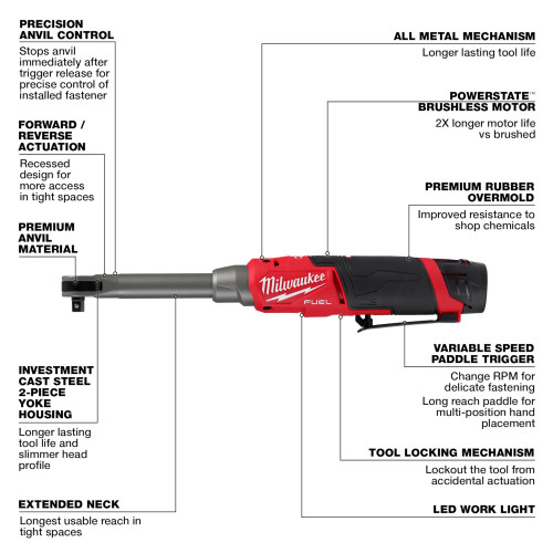 Milwaukee 2569-20 M12 FUEL Cordless Brushless 3/8 inch Extended Reach High Speed Ratchet (Tool Only) showing features of the ratchet